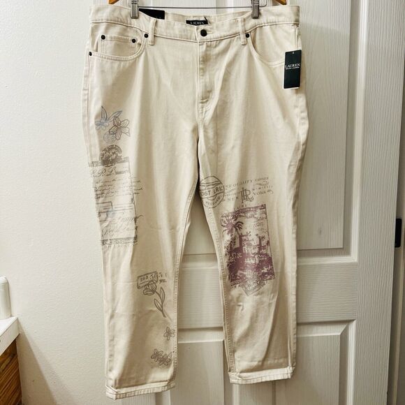 Lauren Ralph Lauren Women’s 18 Relaxed Taper Ankle Jean Cream Wash Print $195 - Picture 2 of 12